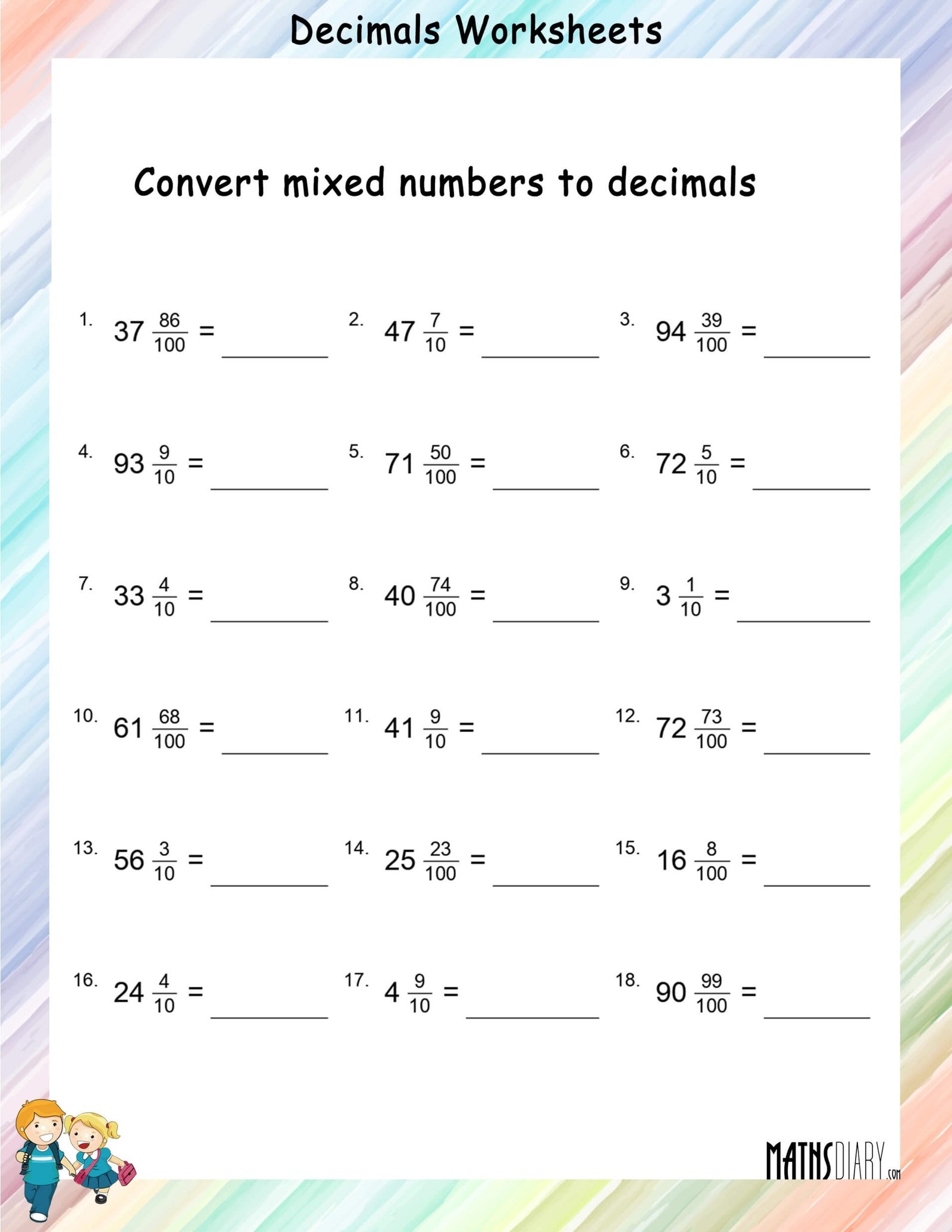Convert Mixed Fractions To Decimals Worksheets Math Worksheets Convert Mixed Fractions To Decimals Worksheets Math Worksheets
