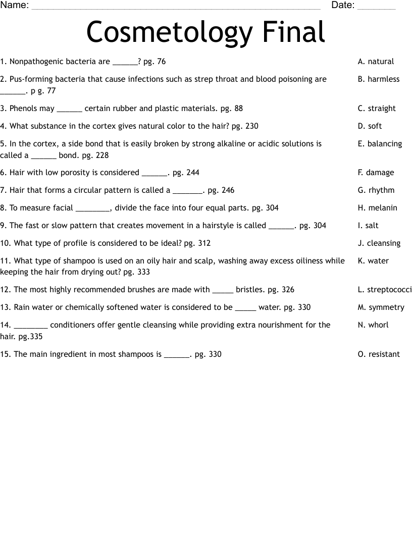 Cosmetology Final Worksheet WordMint