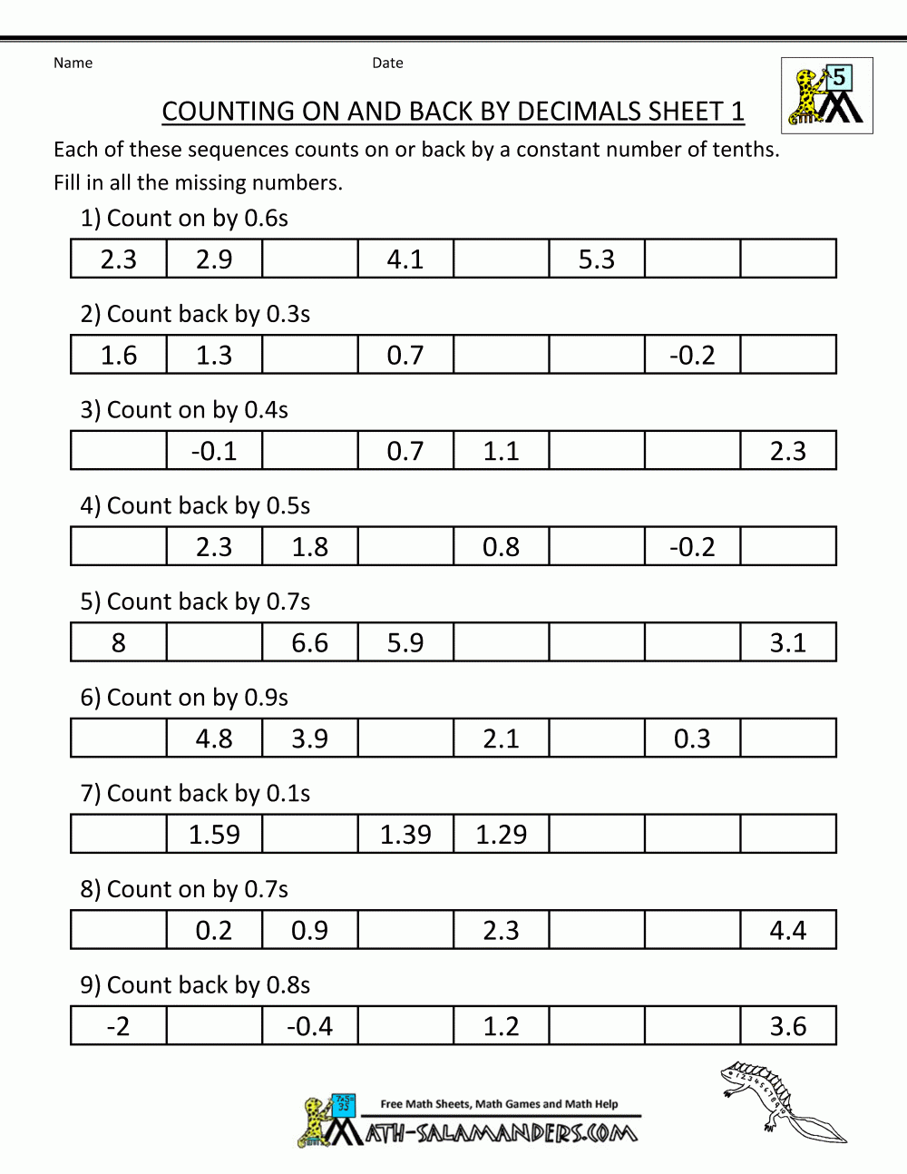 Counting By Decimals Counting By Decimals