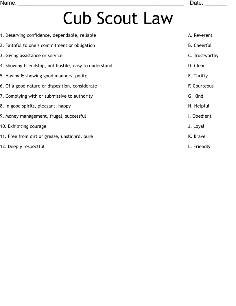 Cub Scout Law Worksheet WordMint