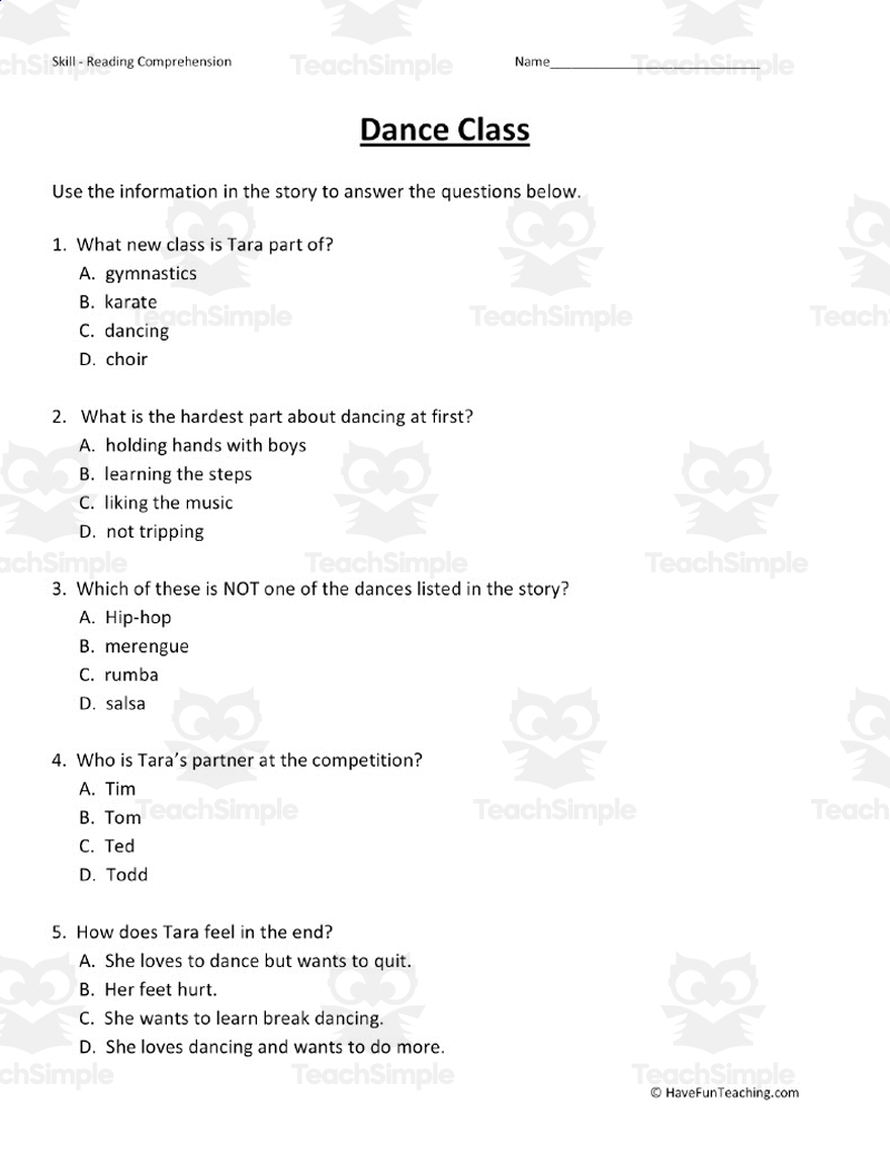 Dance Class Reading Comprehension Worksheet Dance Class Reading Comprehension Worksheet