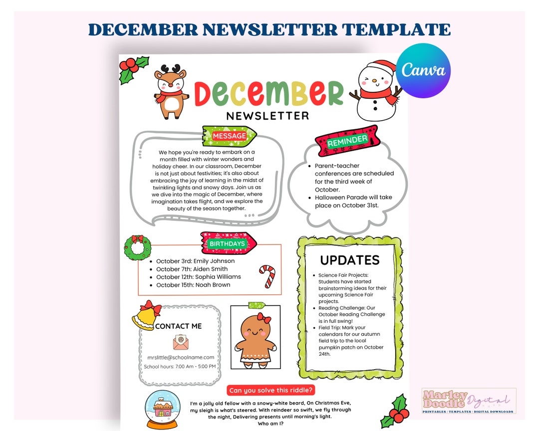 December Newsletter Template Winter Newsletter Teacher Template PTO Newsletter Classroom Newsletter Etsy