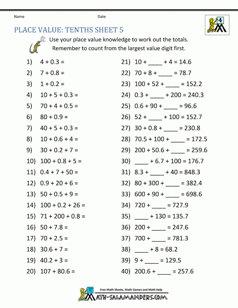 Decimal Place Value Worksheets 4th Grade