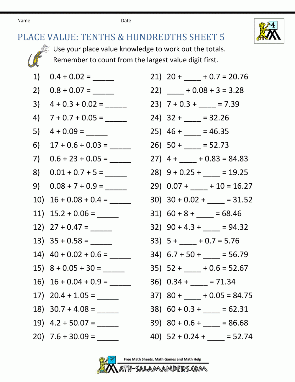 Free Printable Naming Decimals Worksheet Free Printable Naming Decimals Worksheet