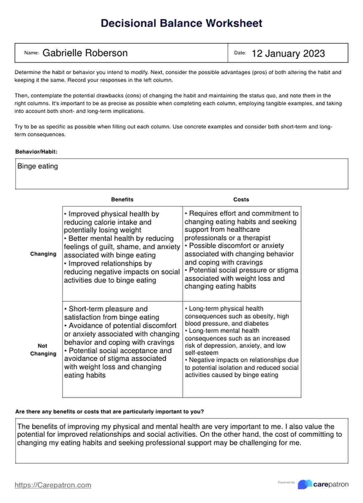 Decisional Balance Worksheet U0026 Example Free PDF Download Decisional Balance Worksheet U0026 Example Free PDF Download