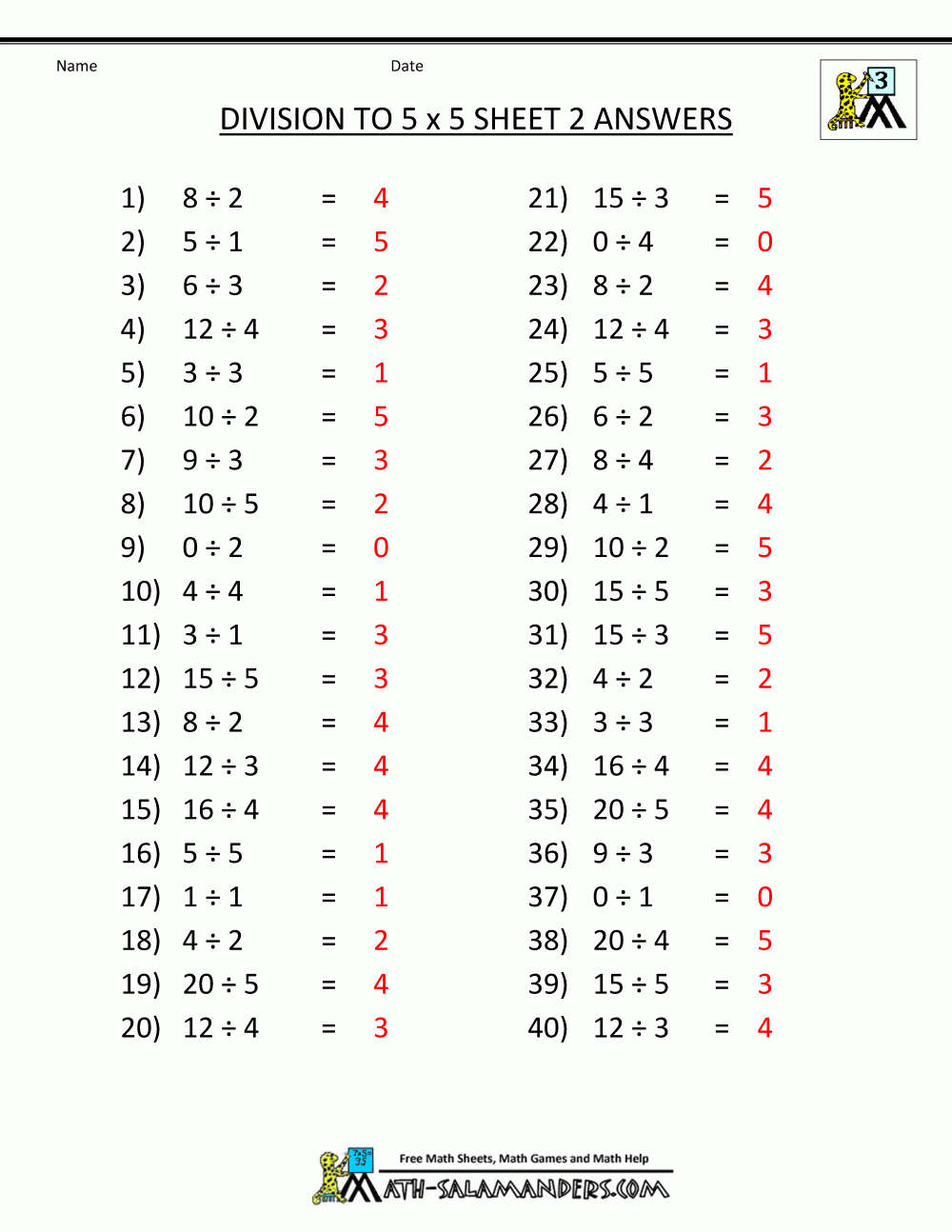 Division Facts To 5x5 Sheet 2 Answers Division Facts To 5x5 Sheet 2 Answers