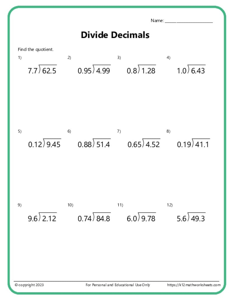 Free Printable 6th Grade Division Worksheets