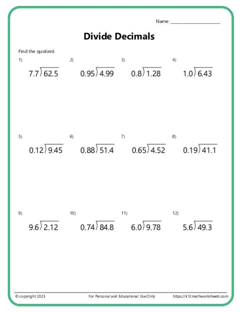 Division With Decimals Worksheets K12 Math Worksheets