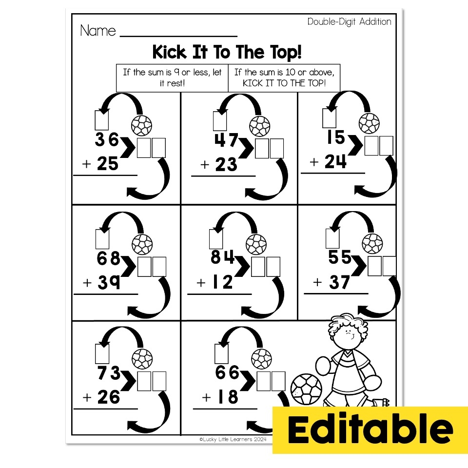 Editable 2nd Grade Math Worksheets Place Value Double Digit Addition With Regrouping Kick It To The Top Lucky Little Learners