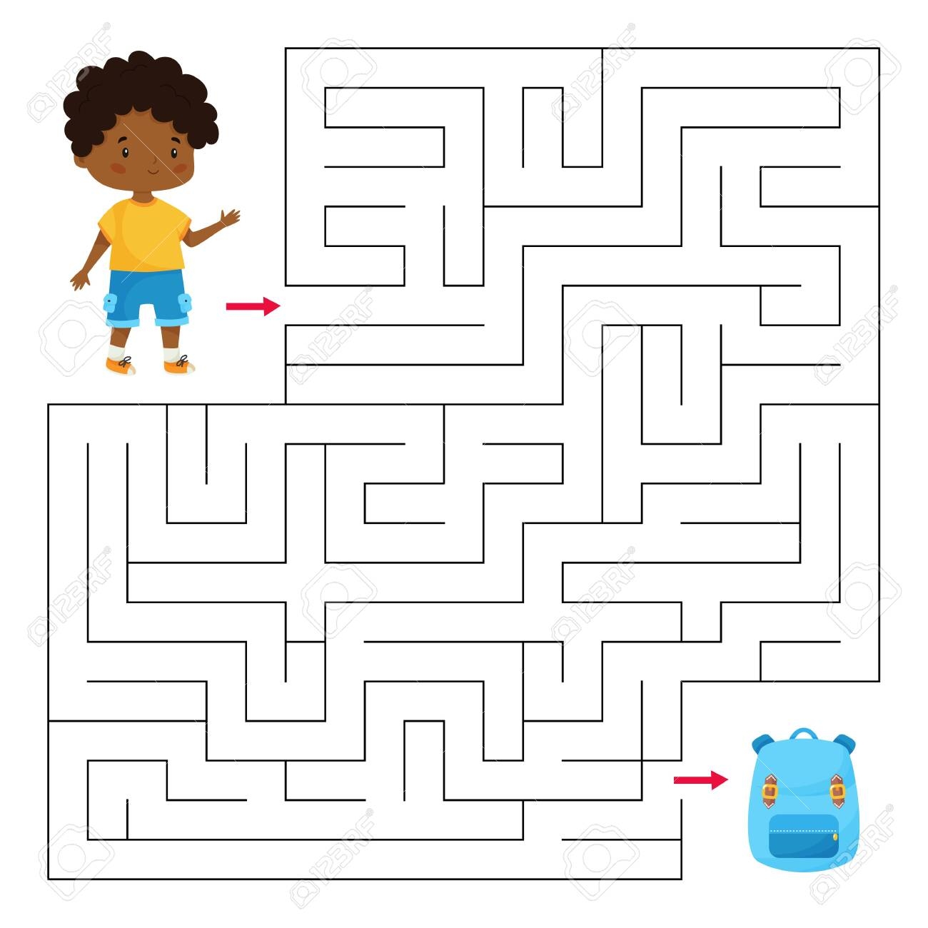 Educational Maze Game For Preschool And School Children Help The Boy Find Right Way To His School Bag Cute Cartoon Vector Character Activity Worksheet Back To School Royalty Free SVG Cliparts Vectors Educational Maze Game For Preschool And School Children Help The Boy Find Right Way To His School Bag Cute Cartoon Vector Character Activity Worksheet Back To School Royalty Free SVG Cliparts Vectors