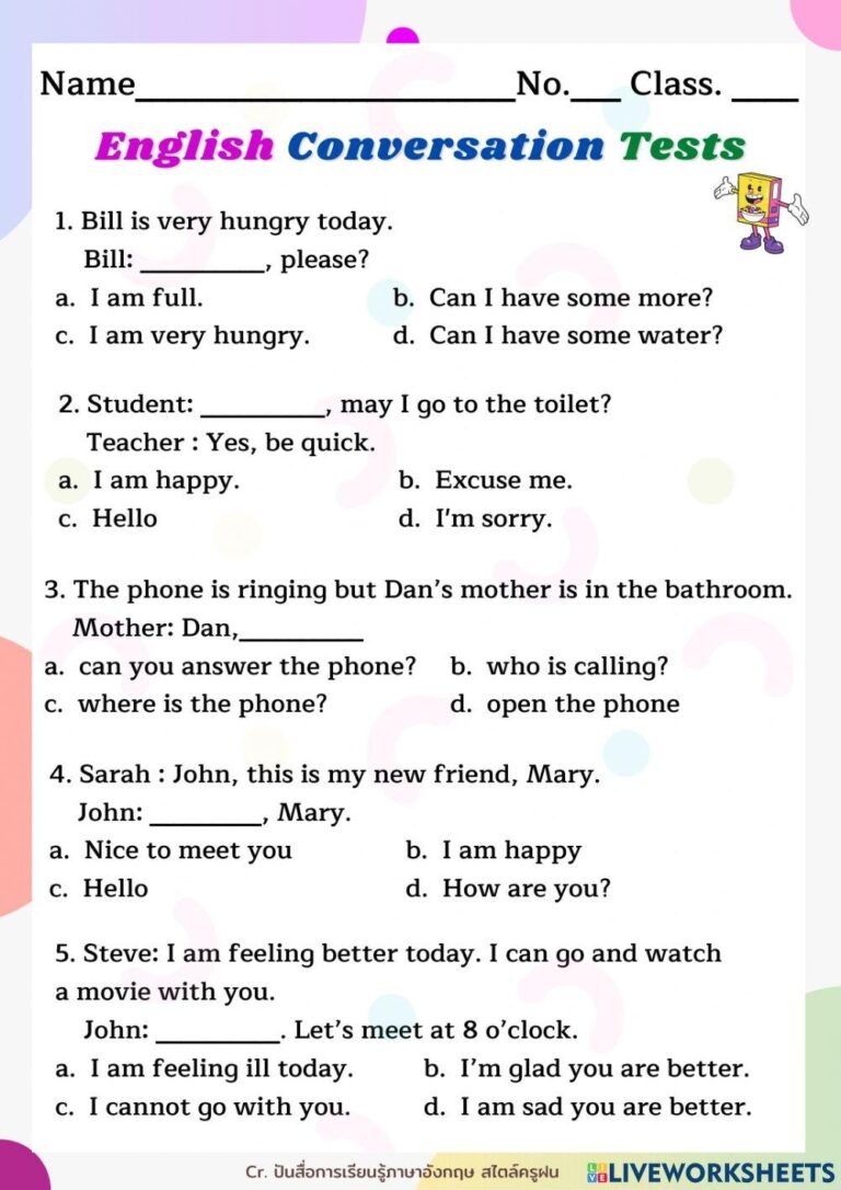 English Conversation Tests1 Worksheet Live Worksheets