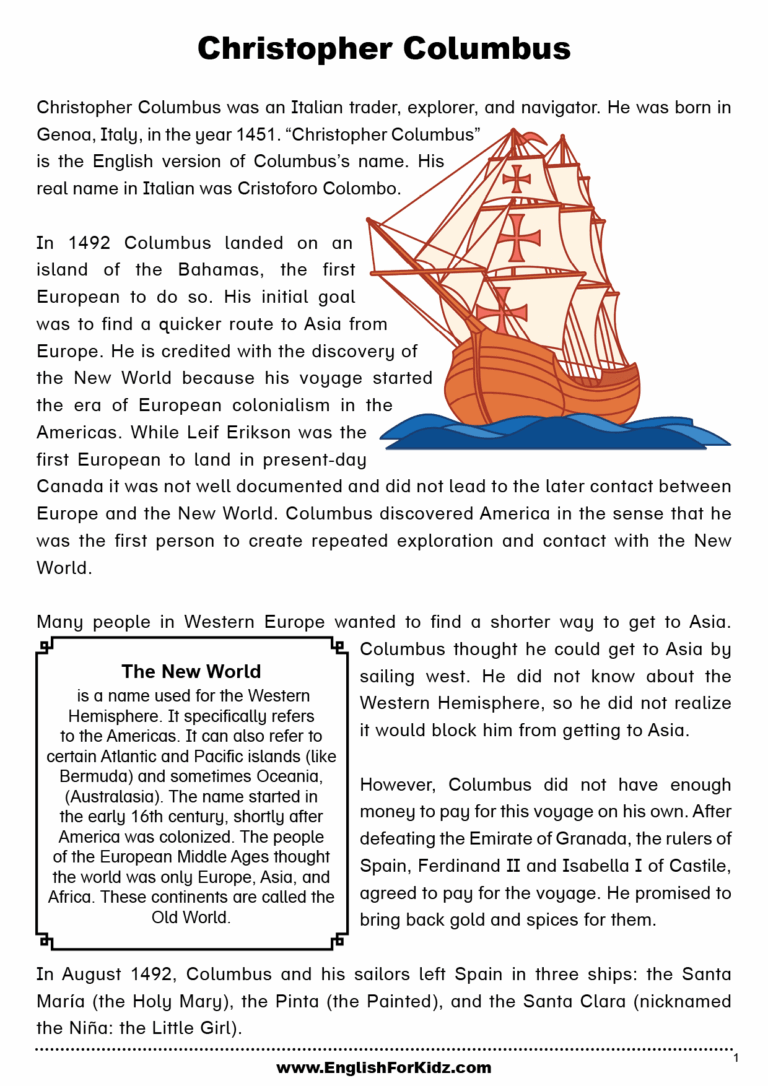 English For Kids Step By Step Columbus Day Worksheets And Reading Comprehension