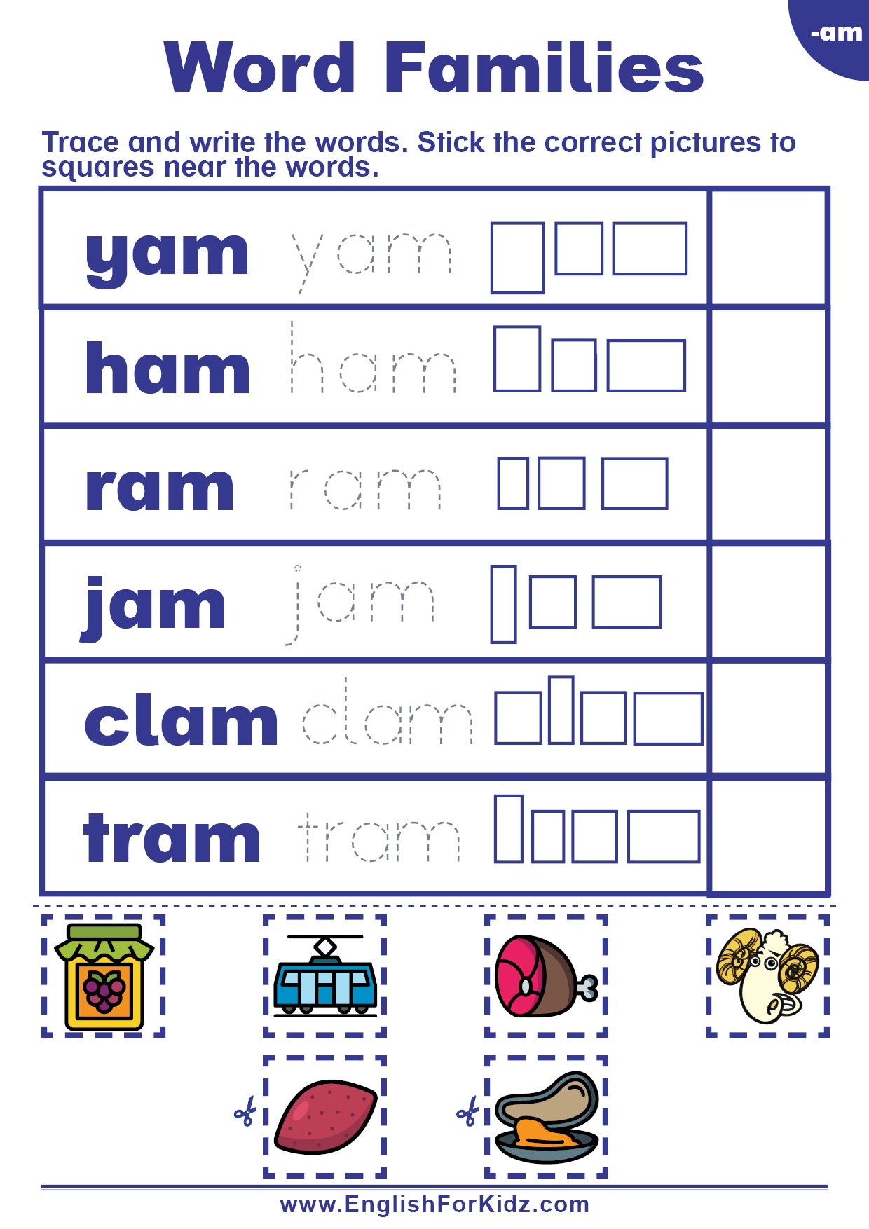 English For Kids Step By Step Word Families Worksheets Am Words Free PDF 