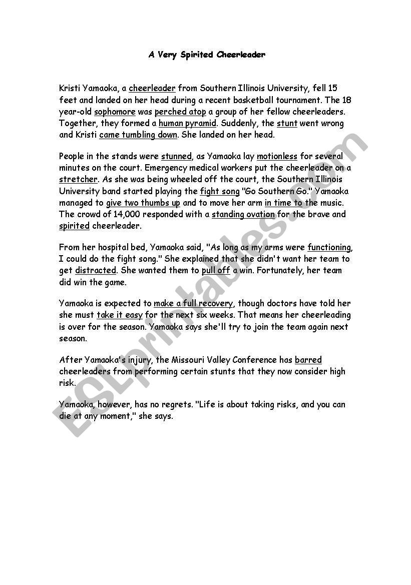 Cheerleading Reading Comprehension Worksheets Cheerleading Reading Comprehension Worksheets