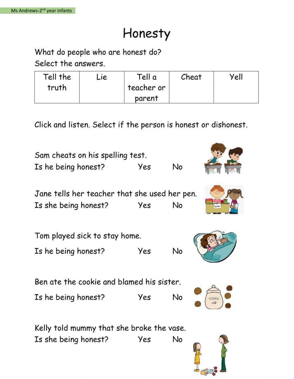 English Worksheets Character Education Honesty Worksheets Library