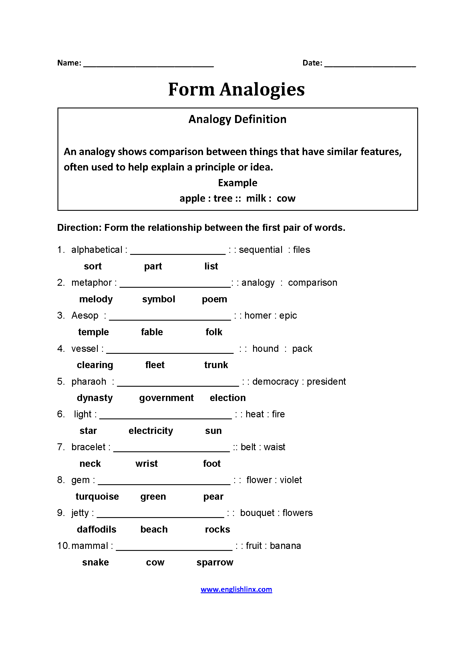 Englishlinx Analogy Worksheets