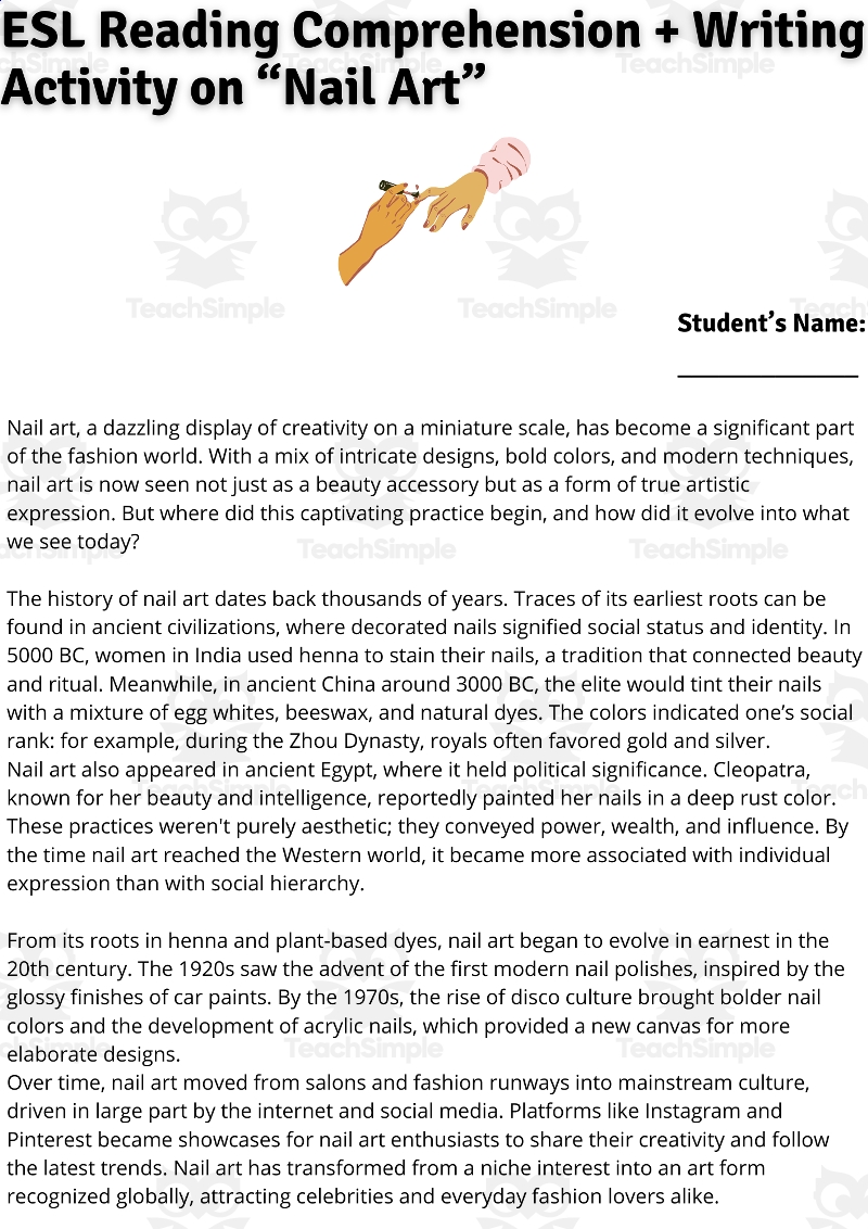 ESL Reading Comprehension Writing Activity Worksheets On 