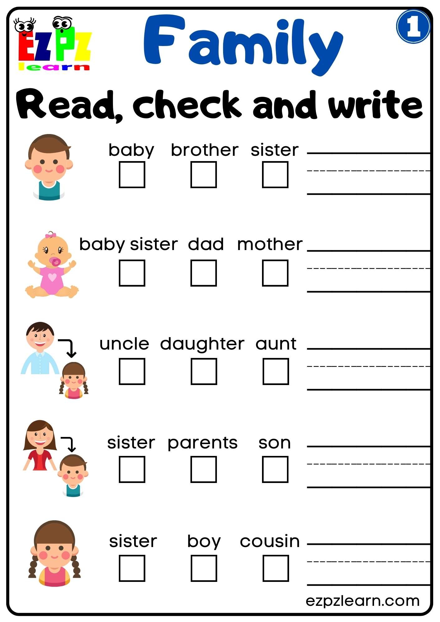 Family Vocabulary Read Check And Write Activity For K5 Students Parents And Teachers Free G1 Ezpzlearn