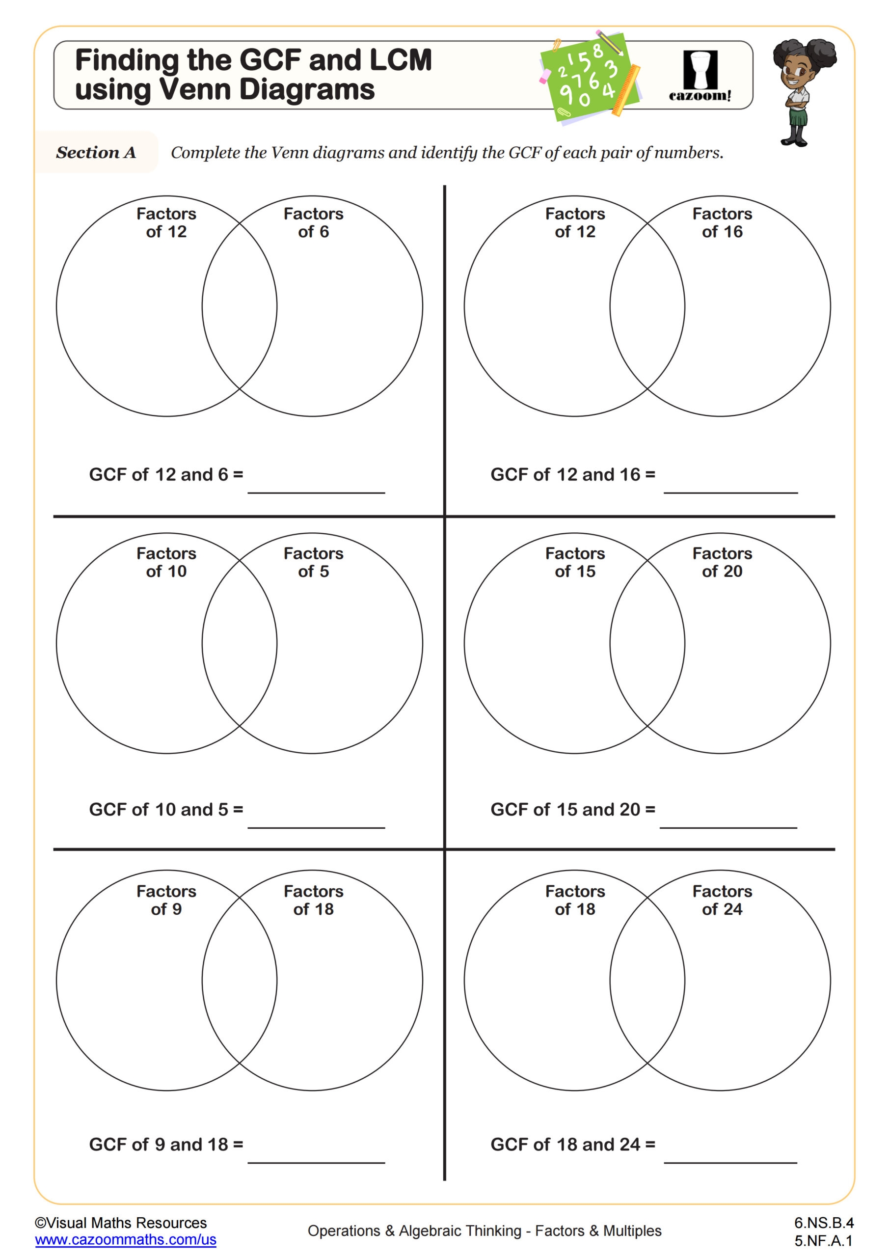 Finding The GCF And LCM Using Venn Diagrams Worksheet Fun And Engaging 6th Grade PDF Worksheets Finding The GCF And LCM Using Venn Diagrams Worksheet Fun And Engaging 6th Grade PDF Worksheets