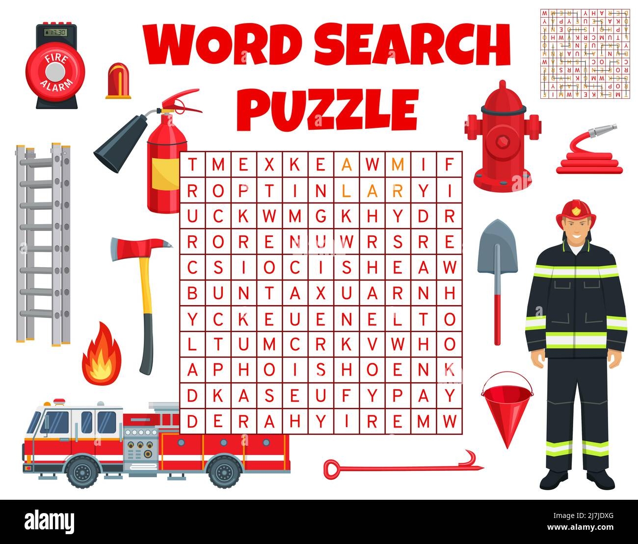 Firefighter And Firefighting Equipment On Word Search Puzzle Game 