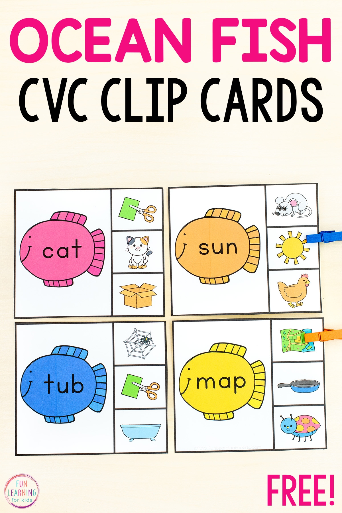 Fish CVC Word Clip Cards Free Printable