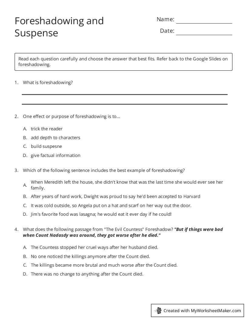 Foreshadowing And Suspense My Worksheet Maker Create Your Own Worksheets Foreshadowing And Suspense My Worksheet Maker Create Your Own Worksheets