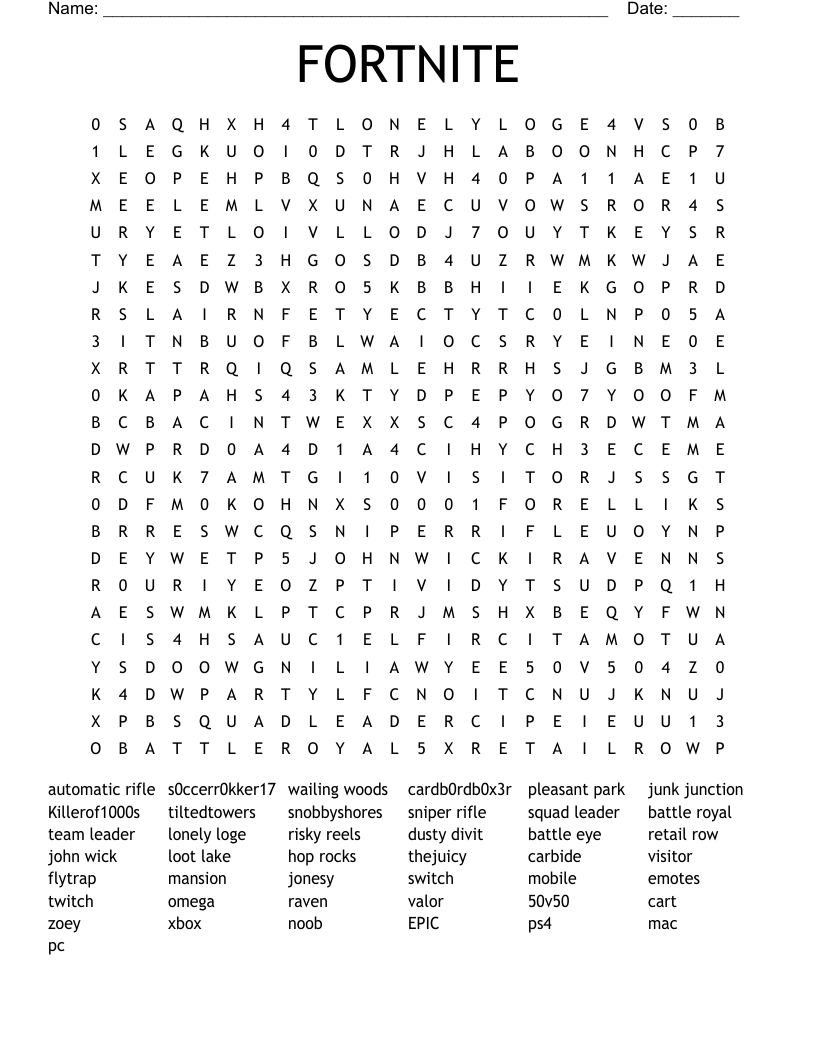 FORTNITE Word Search WordMint FORTNITE Word Search WordMint