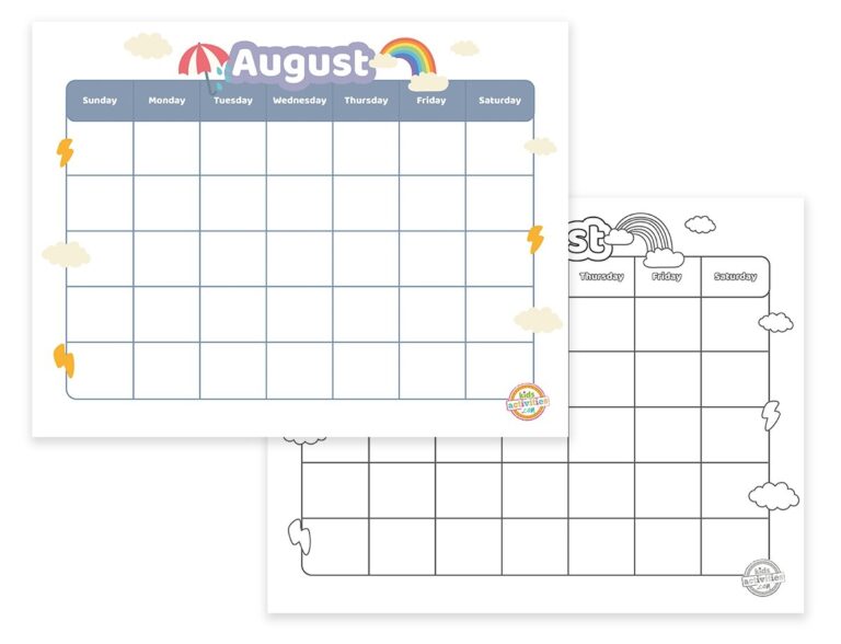 Free Bu0026W And Full Color Free Printable August Calendar Kids Activities Blog