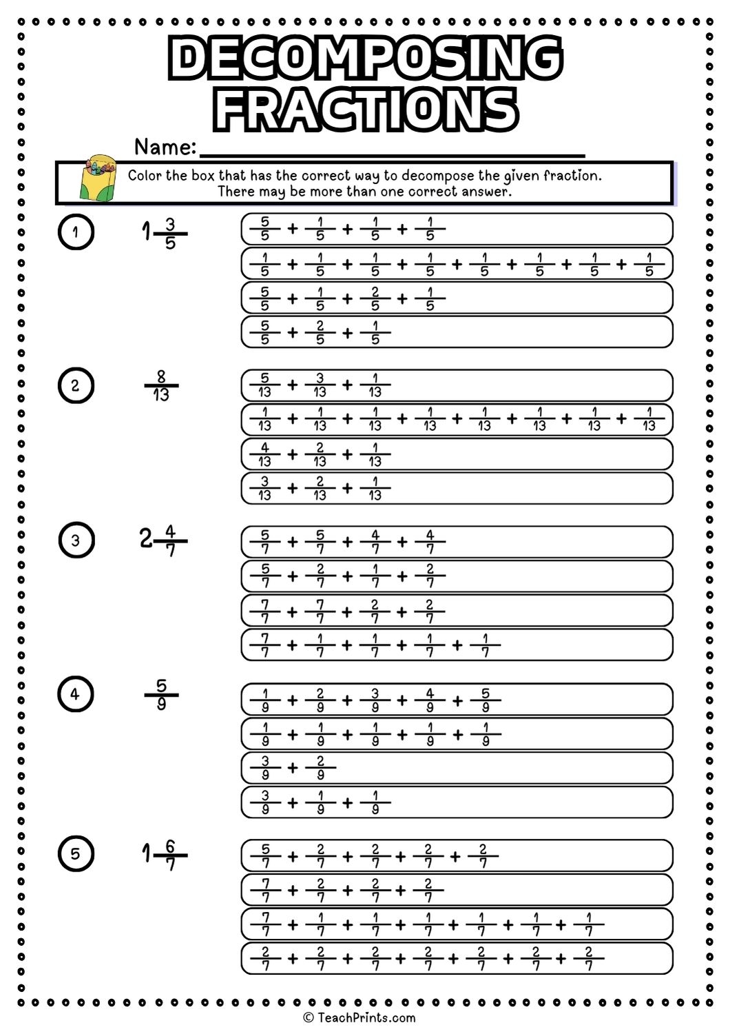 Free Printable Decomposing Fractions Worksheet Free Printable Decomposing Fractions Worksheet