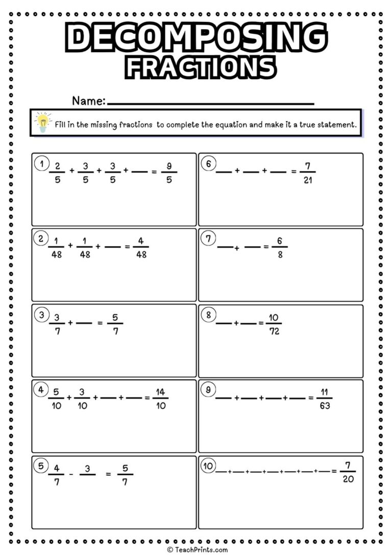 Free Decomposing Fractions Worksheets Teach Prints