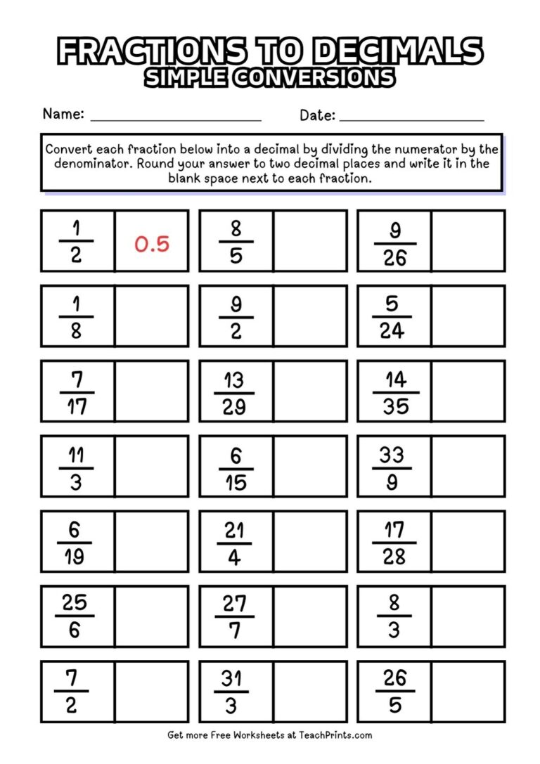 Free Fractions As Decimals Worksheets Teach Prints
