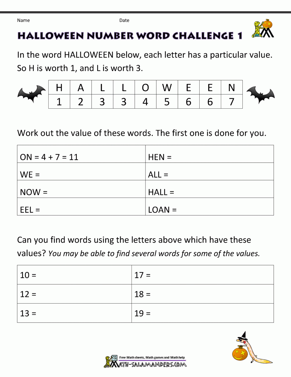 Free Printable Halloween Addition Worksheets