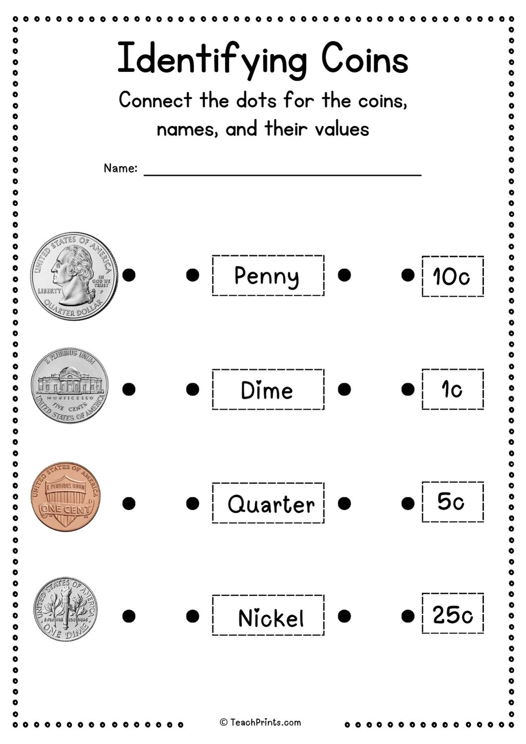 Free Identifying Coins Worksheets Teach Prints