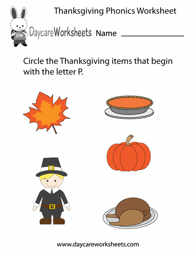 Free Preschool Thanksgiving Phonics Worksheet
