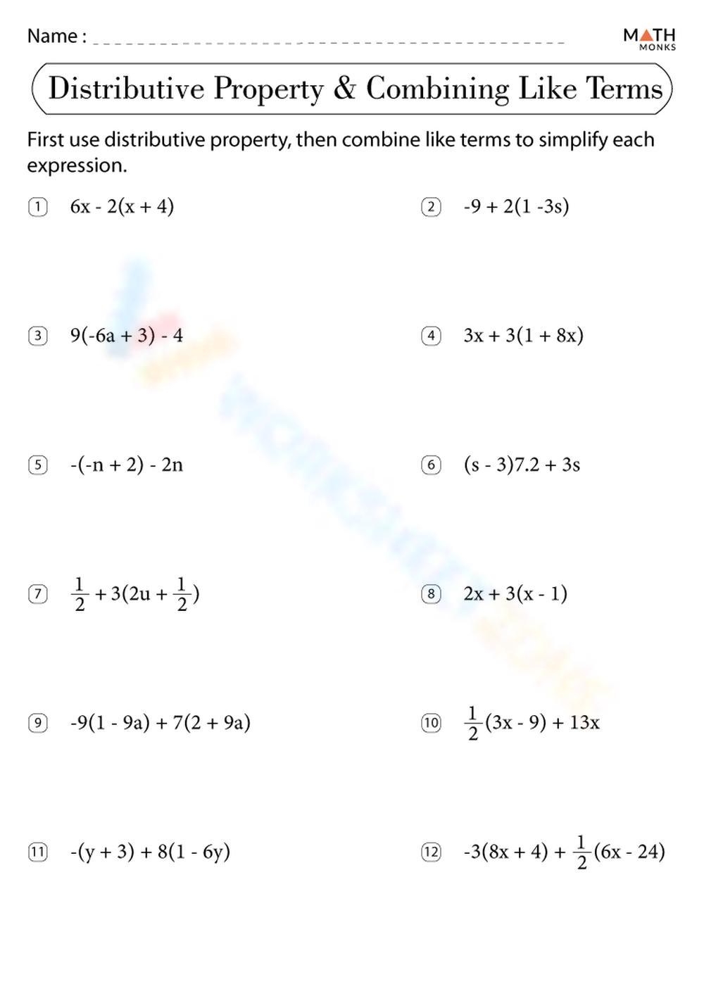 Free Printable Combining Like Terms Worksheets For Students Free Printable Combining Like Terms Worksheets For Students