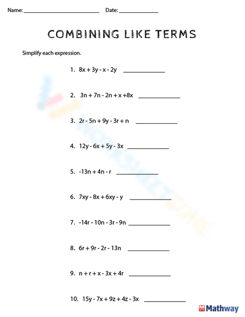 Free Printable Combining Like Terms Worksheets For Students Free Printable Combining Like Terms Worksheets For Students