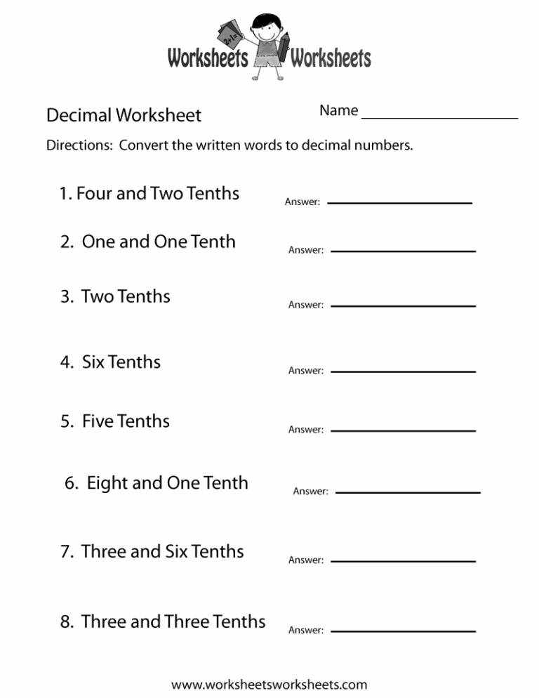 Free Printable Decimal Practice Worksheet