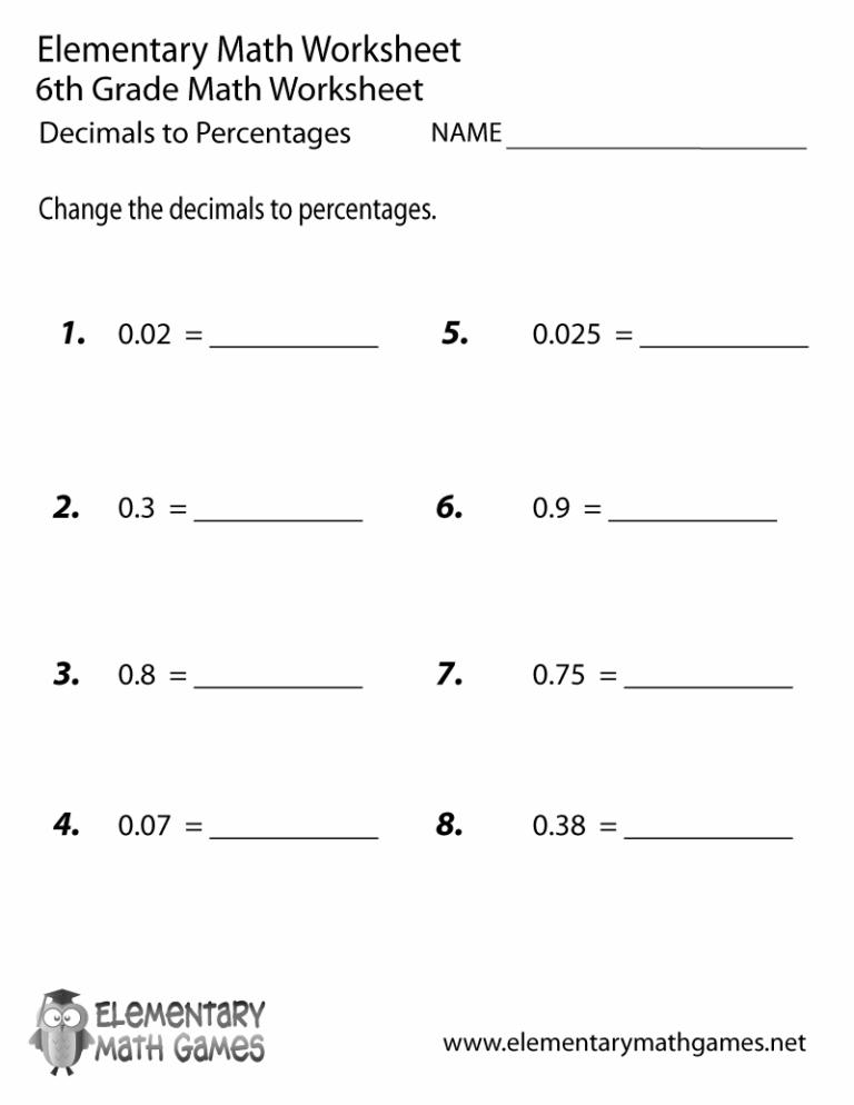 Free Printable Decimals To Percentages Worksheet For Sixth Grade