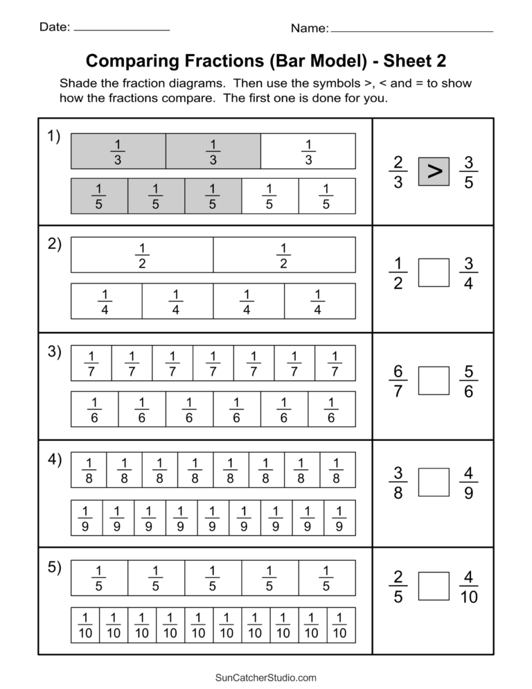 Free Printable Fractions Worksheets Comparing U0026 Identifying
