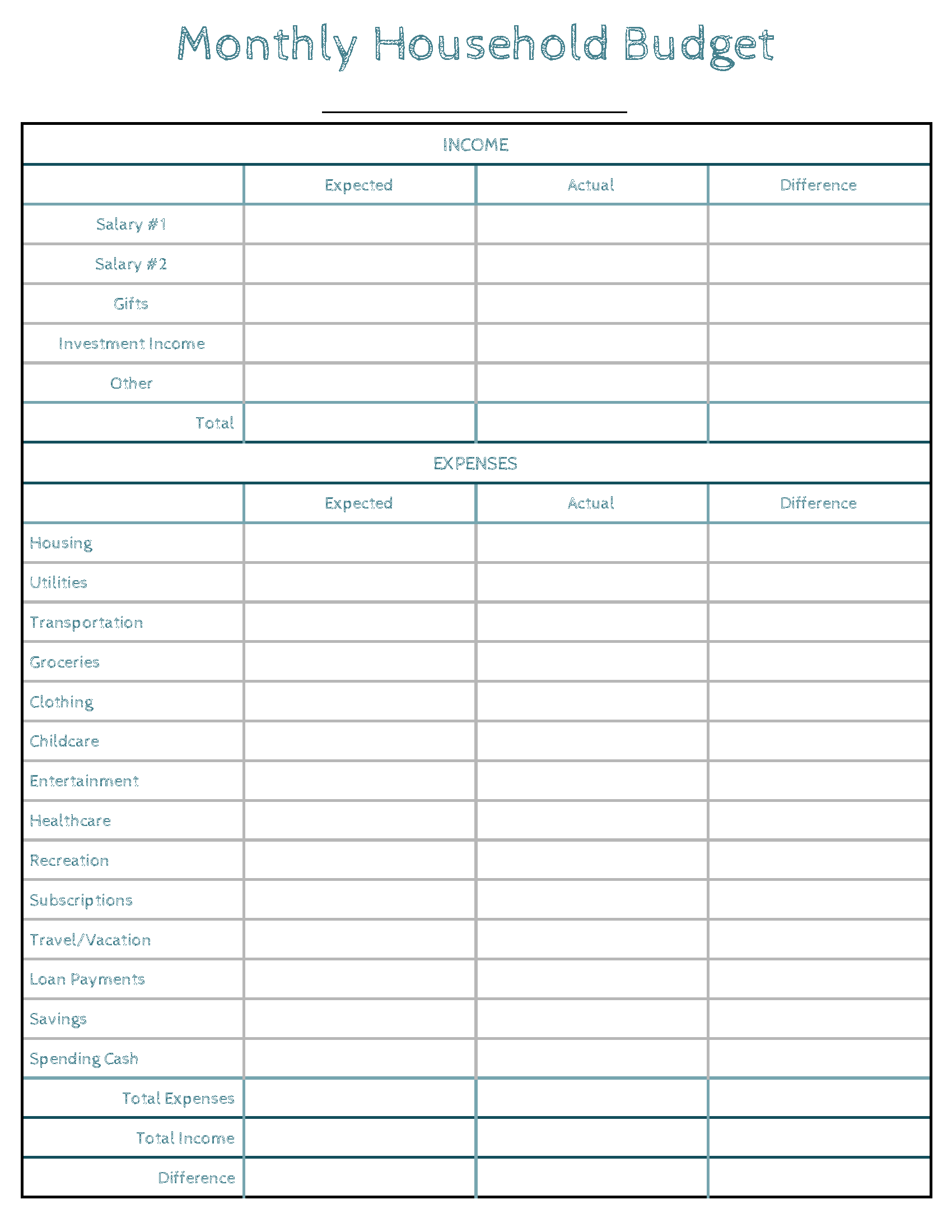 Home Finance Worksheet Free Printable