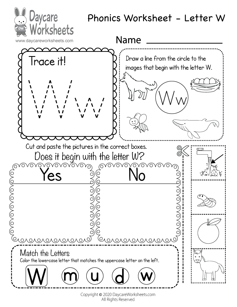 Free Printable Letter W Beginning Sounds Phonics Worksheet For Preschool