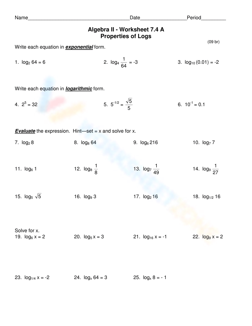 Free Printable Properties Of Logarithms Worksheets Worksheets Library