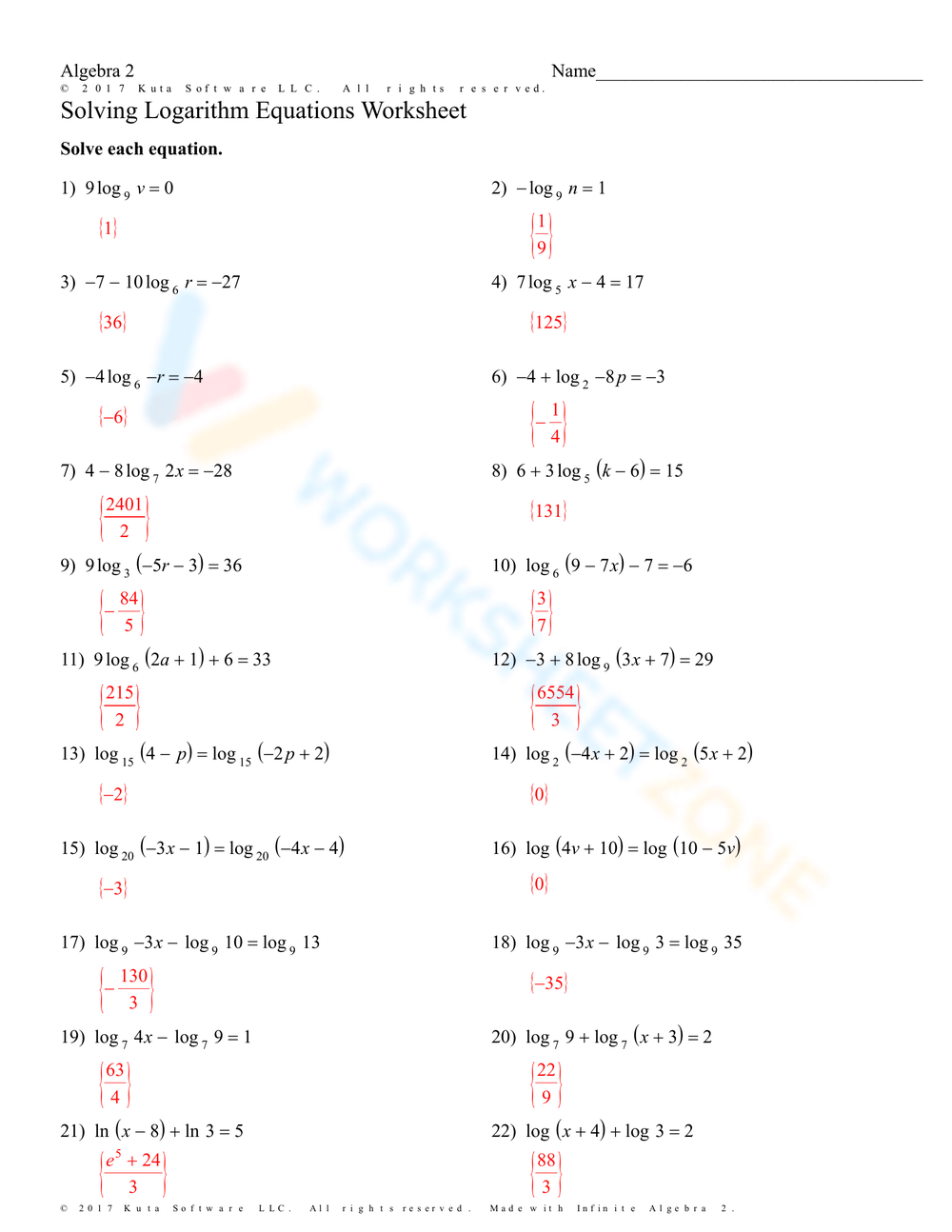 Free Printable Solving Logarithmic Equations Worksheets Worksheets Library