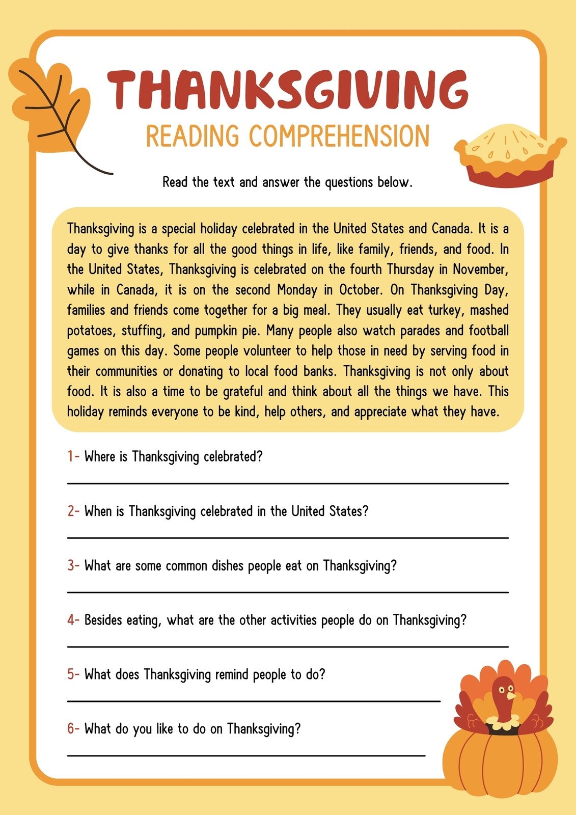 1st Grade Thanksgiving Reading Comprehension Worksheets