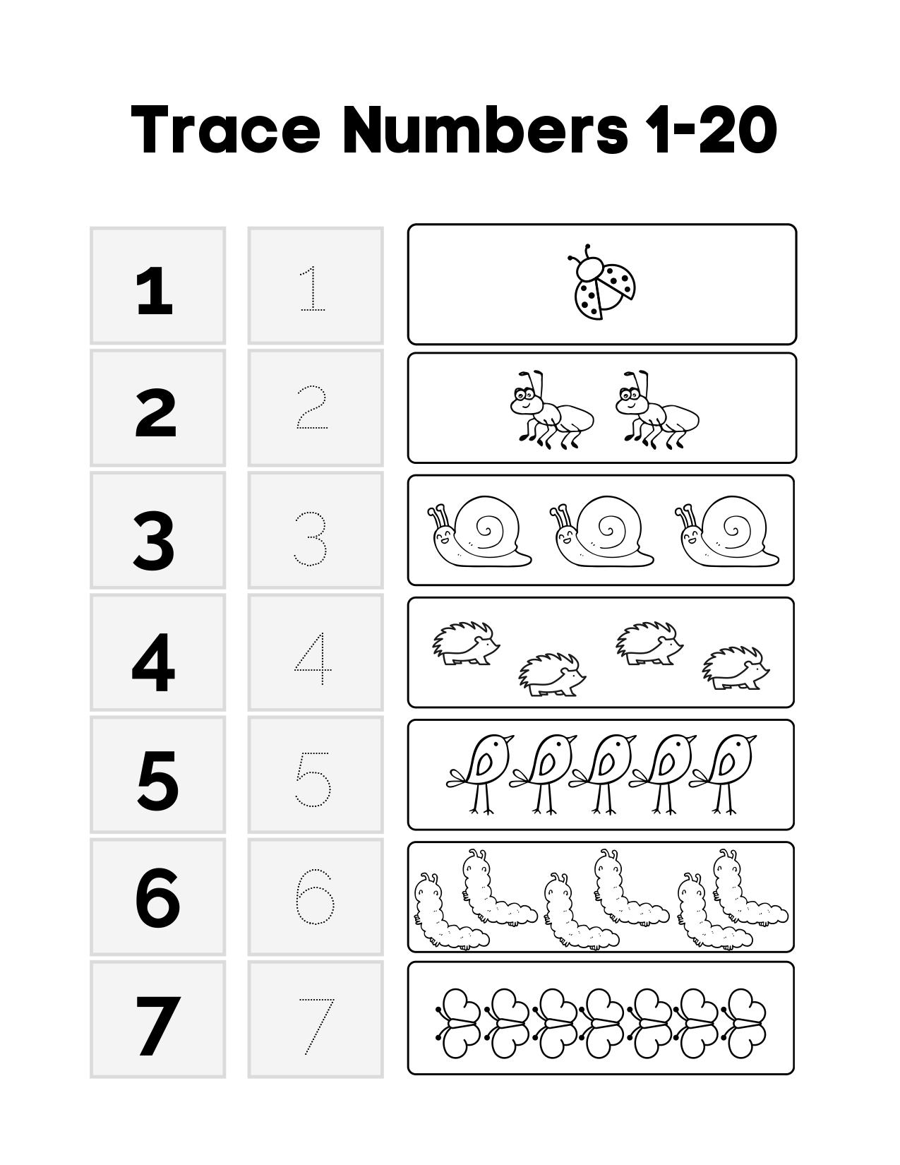 Math Worksheets Kindergarten 1-20 Trace