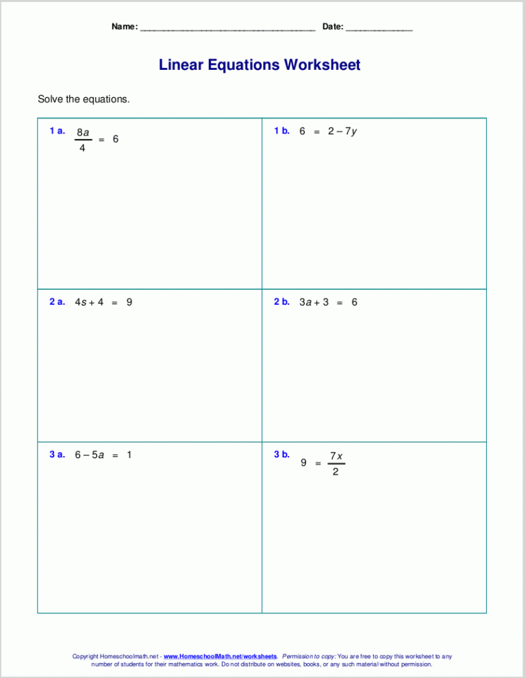 Free Worksheets For Linear Equations grades 6 9 Pre algebra