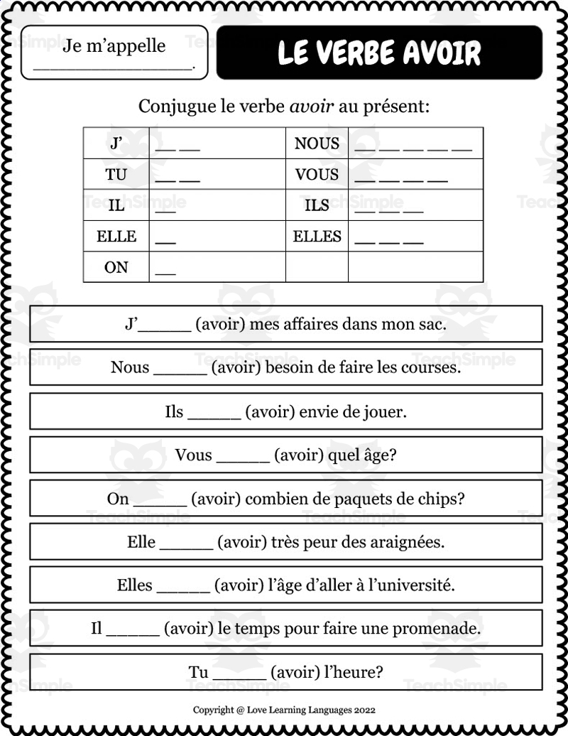 French Verb Avoir Present Tense Worksheets By Teach Simple French Verb Avoir Present Tense Worksheets By Teach Simple