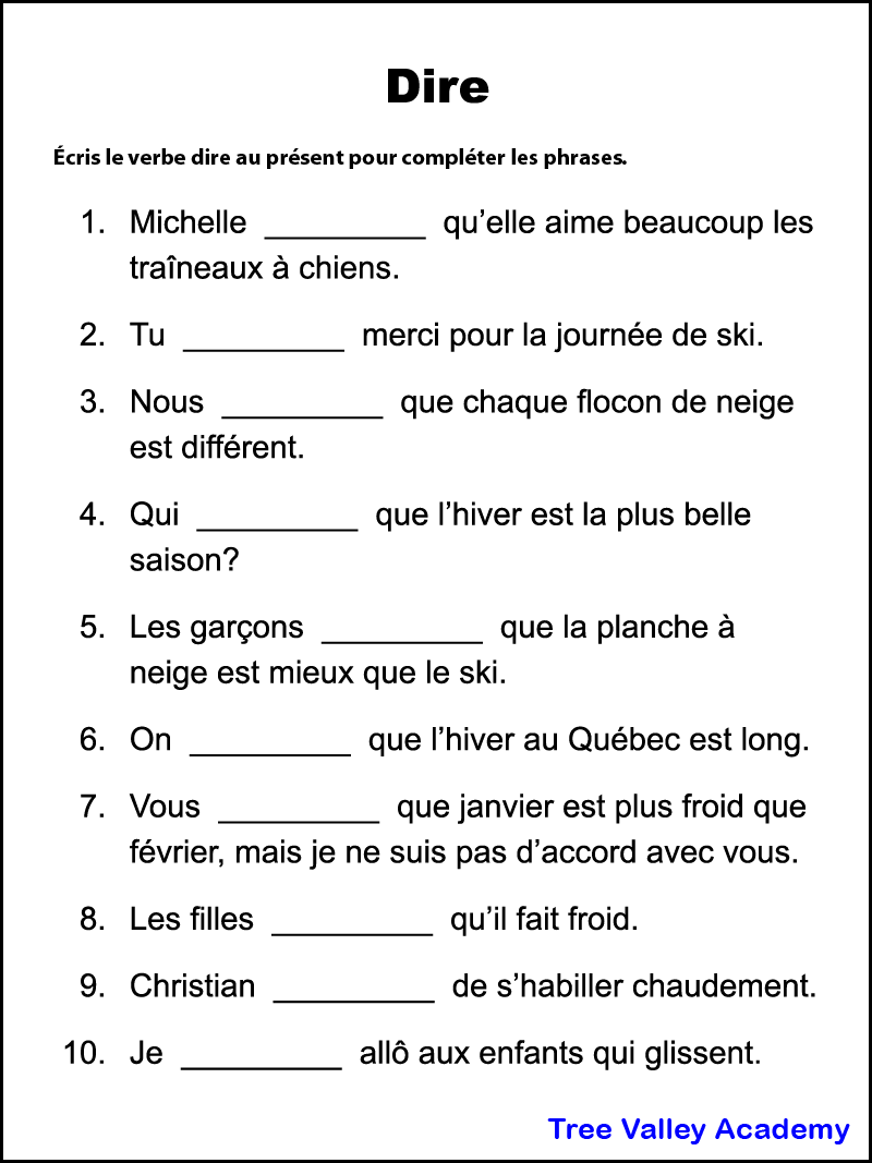 French Verb Worksheet For The Verb Dire Tree Valley Academy French Verb Worksheet For The Verb Dire Tree Valley Academy