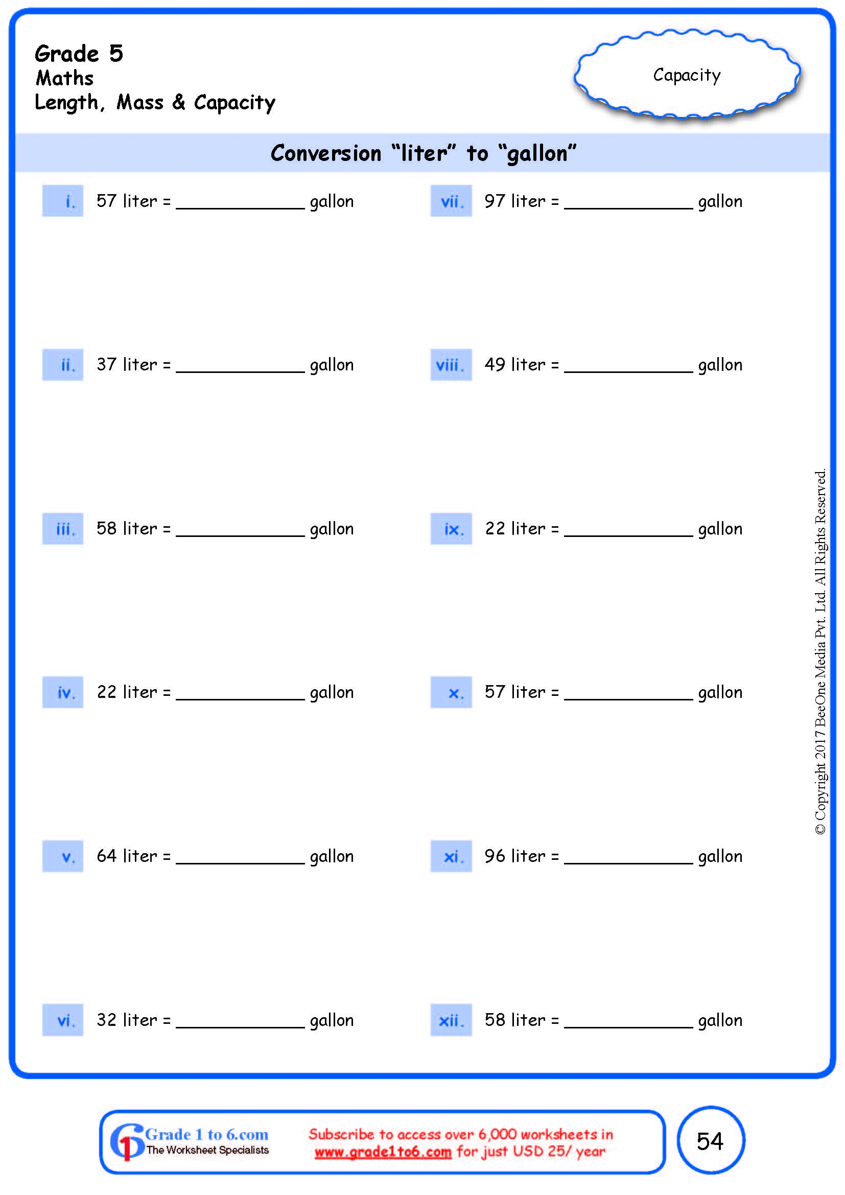 Grade 5 Conversion To Liter To Gallon Worksheets www grade1to6