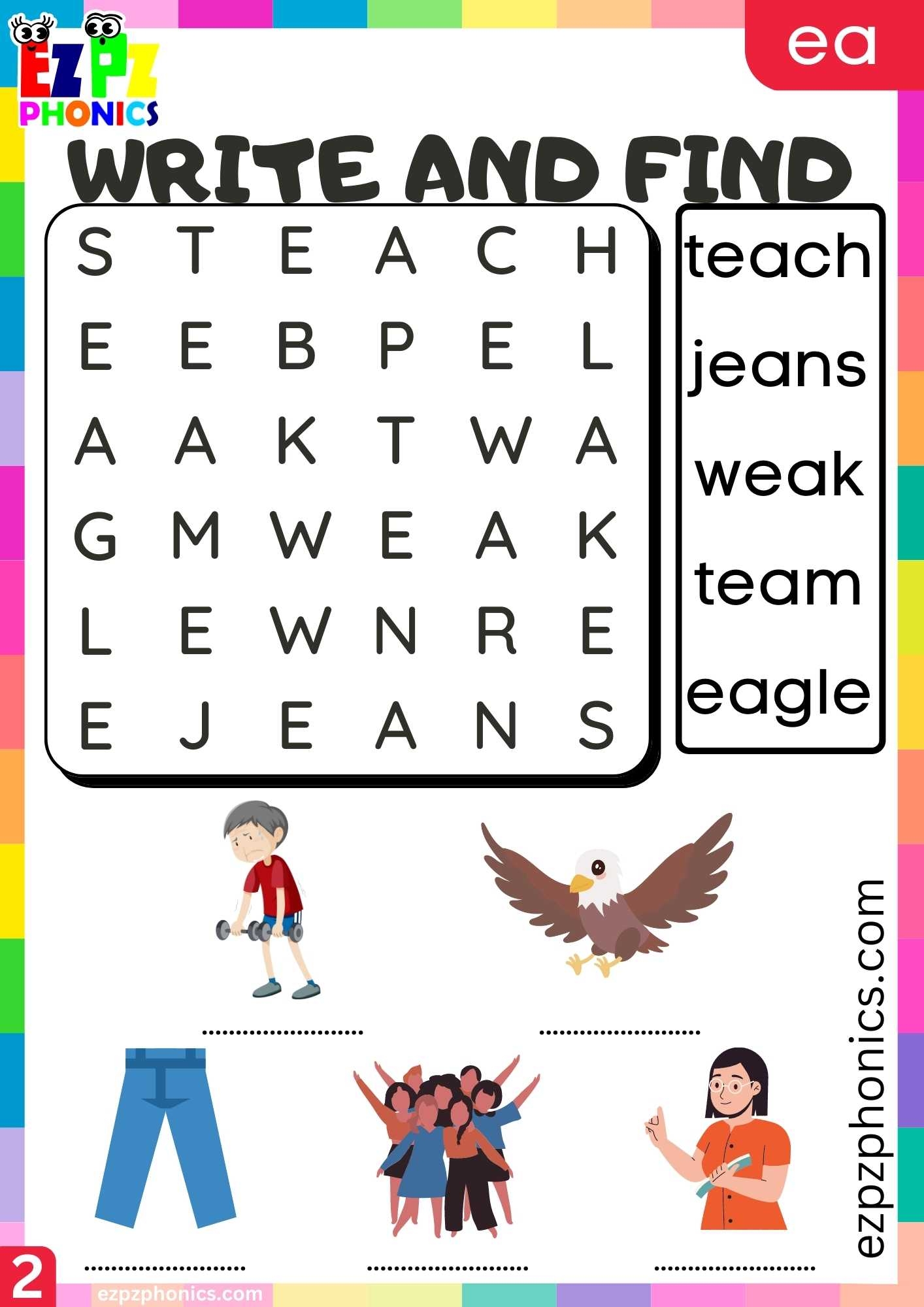 Group2 EA Words Write And Find Long E Phonics Worksheet Ezpzphonics